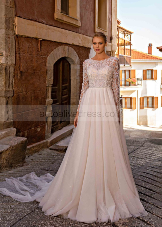 Long Sleeves Beaded Ivory Lace Tulle Dreamy Wedding Dress